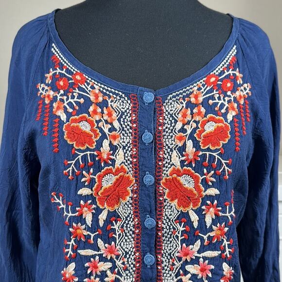 Johnny Was Embroidered Olivia Blouse Tunic Top 3/4 Sleeve Blue Floral Boho XS - Picture 4 of 14